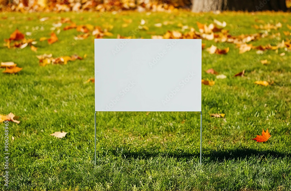 Wall mural blank yard sign on green grass on sunny autumn day. yard sign mockup in the autumn park