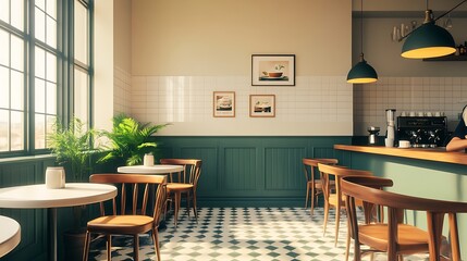Retro Cafe Corner with Checkerboard Floor