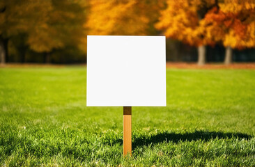 Blank yard sign on green grass on sunny autumn day. Yard sign mockup in the autumn park