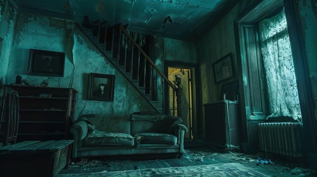 Horror and scary room house old interior halloween theme background wallpaper AI generated image