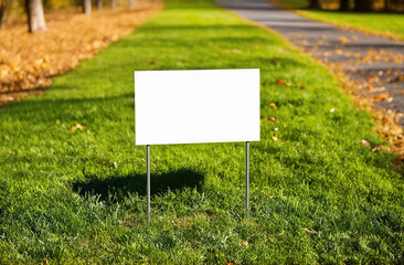 Blank yard sign on green grass on sunny autumn day. Yard sign mockup in the autumn park near the walking path