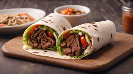 fresh grilled donner or shawarma beef wrap roll hot ready to serve and eat as wide banner