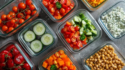 A top view of a table covered with a diverse selection of different types of food, including fruits, vegetables, grains, and protein sources