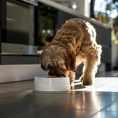 dog eating, dog, poodle, dog bowl, bowl