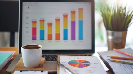 Analyzing Social Media Engagement on Laptop Screen with Colorful Charts, Notepads, and Coffee on Office Desk