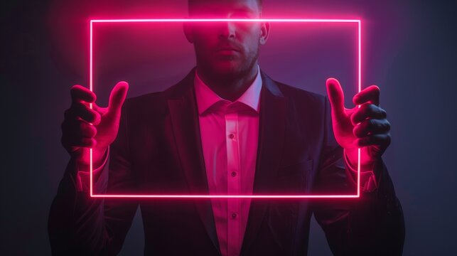 Businessman presents a digital rectangular icon bordered by neon light. Dark background