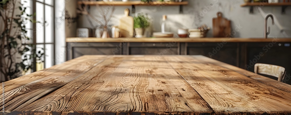 Canvas Prints Rustic Farmhouse Table in Cozy Vintage Kitchen Setting with Empty Surface for Product Display