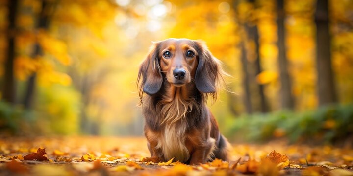 Adorable long haired Dachshund sat in an autumn forest Generative By AI