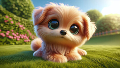 Adorable 3d furry dog with big eyes on grass