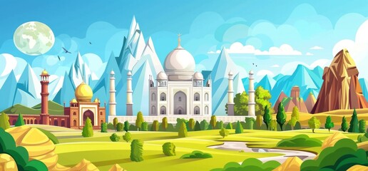 Playful cartoon depiction of India and iconic world landmarks, vibrant and fun concept