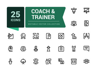 Coach and trainer icons set. Outline set of coach vector icons for ui design. Outline icons pack. Editable vector line icon set and illustration for web and UI application.