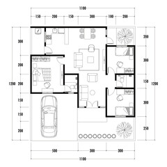 Architecture plan with furniture. home floor plan, isolated on white background, stock illustration.