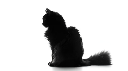 Striking black furry cat silhouette on a crisp white background, 
