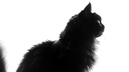 Striking black furry cat silhouette on a crisp white background, 