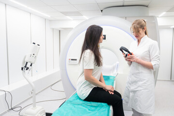 Medical CT or MRI Scan with a patient in the modern hospital laboratory. Interior of radiography...