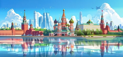 Playful cartoon interpretation of famous world landmarks with a focus on Russian cultural symbols.