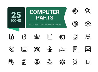 Computer Parts and PC Hardware and accessories icons set. Set of computer parts, CPU, GPU, SSD, PC Case, mouse, keyboard. Simple editable vector stroke illustration.