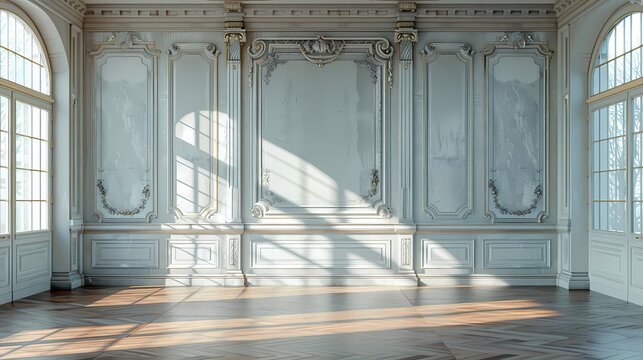 A spacious, sunlit room with elegant white wainscoting and ornate moldings. The hardwood floor gleams in the light streaming through the large windows.