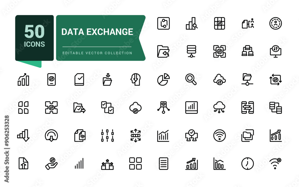 Poster set of line icons related to data exchange, traffic, files, cloud, server. minimalist thin linear we