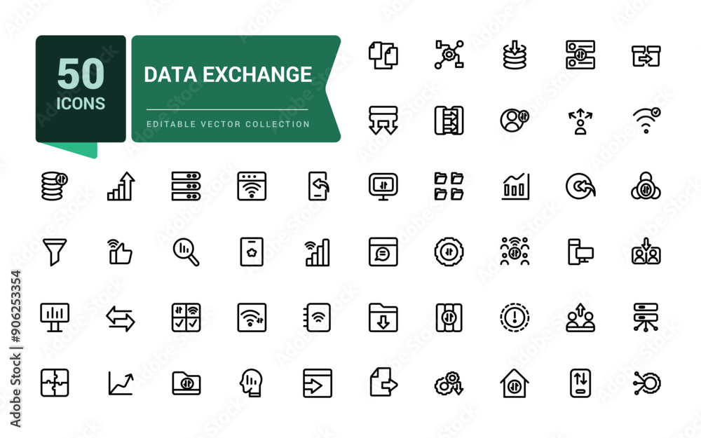 Poster set of line icons related to data exchange, traffic, files, cloud, server. minimalist thin linear we