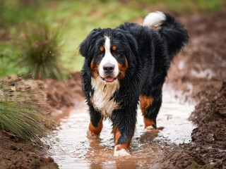 A dog in the mud