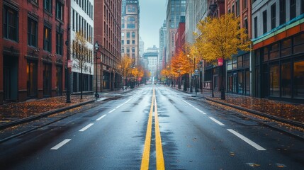 Fototapeta premium The city street scene without people or vehicles reflects the stillness in the quiet urban landscape. Very suitable for showcasing themes such as isolation and loneliness in open metropolitan areas