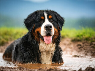 A dog in the mud