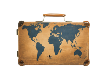 Vintage Suitcase with World Map and Airplane