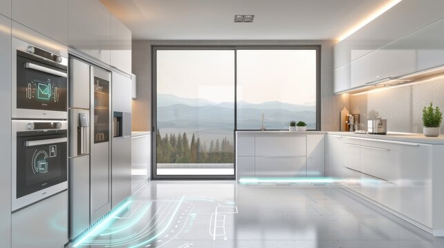 Connected kitchen with smart appliances, futuristic and practical.