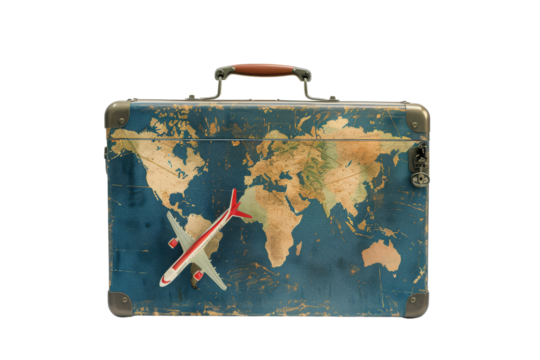 Vintage Suitcase With World Map and Airplane