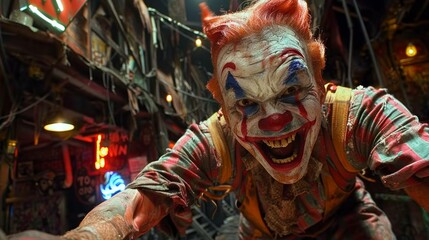 Scary Clown: A sinister-looking clown with creepy makeup, standing under flickering lights. Halloween.
