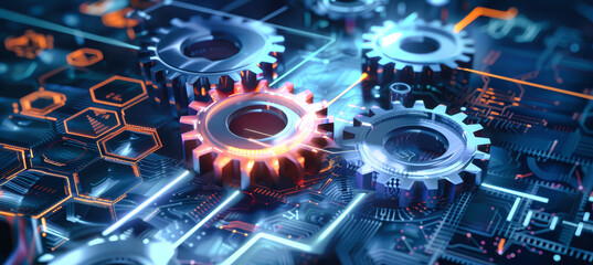 Interlocking gears spin and glow on a dark blue background with glowing hexagons and circuit lines, representing digital progress and interconnectedness
