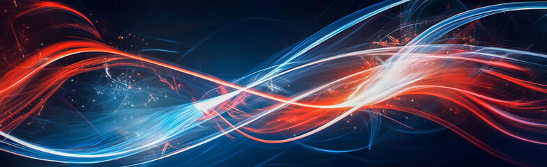 Naklejka premium Fondo digital abstracto con rayos de luz brillantes y líneas curvas en colores azul, rojo y blanco. Concepto de transferencia de datos digitales al estilo del arte digital.