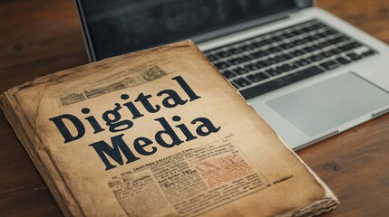 A vintage newspaper with the headline Digital Media displayed on a modern laptop screen, blending old and new media concepts.