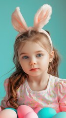 A young girl wearing bunny ears poses with pastel-colored eggs in a cheerful setting