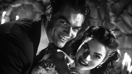 Horror movie couple inspired image. Manic laughter, wide eyed and dark shadows. Vintage styled black and white Halloween, horror, hysteria terror image.