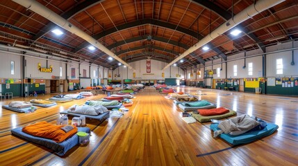 Emergency Shelter Setup in School Gymnasium: Providing Comfort and Support for Evacuees