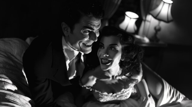 Horror movie couple inspired image. Manic laughter, wide eyed and dark shadows. Vintage styled black and white Halloween, horror, hysteria terror image.