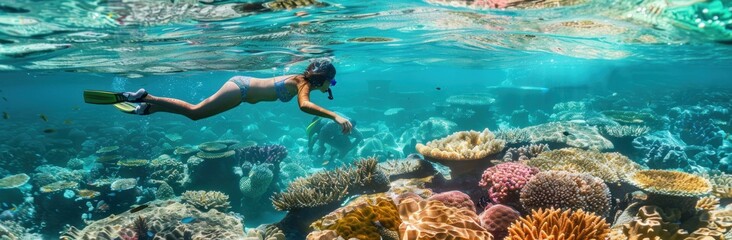 Fototapeta premium Dynamic marine life with vibrant coral gardens beneath crystal-clear turquoise waters.