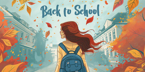 Girl walking towards school, back to school