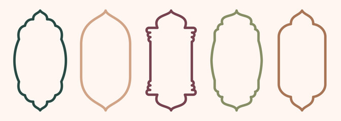 Shape Islamic door and window silhouette Arabic arch. Collection of patterns in oriental style. Frames in Arabic Muslim design for Ramadan Kareem. Vector mosque gate stroke isolated on white