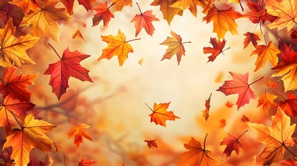 Fototapeta premium Beautiful orange and golden autumn leaves against a blurry park in sunlight with beautiful bokeh. Natural autumn background