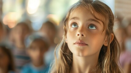 Obraz premium A young girl gazes upwards with curiosity in a classroom filled with peers