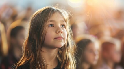 Obraz premium A young girl watches intently during a performance at a community gathering as the sun sets