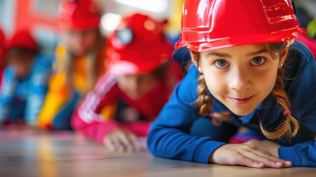 Young Child Demonstrating Stop, Drop, and Roll in Fire Safety Class at School