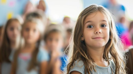 Fototapeta premium A young girl with long hair smiles while surrounded by classmates in a lively classroom environment