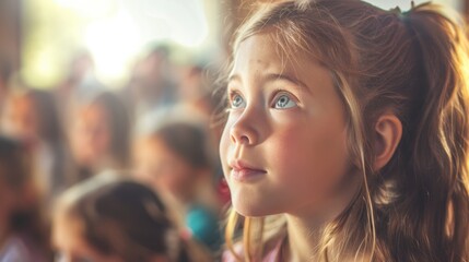 Obraz premium A captivated young girl watches intently during an engaging show in a warm atmosphere