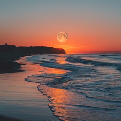 Sunset over a serene beach with a full moon rising, capturing the tranquility of International Moon Day