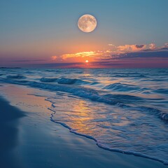 Sunset over a serene beach with a full moon rising, capturing the tranquility of International Moon Day
