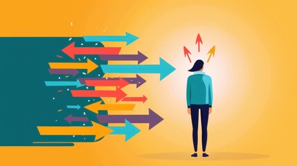 Decision-making, person standing at a crossroads with multiple arrows, flat design illustration